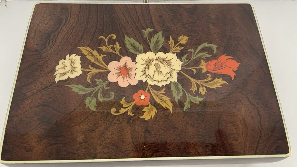 VTG Kimco Japan Wooden Jewelry Box Floral Inlay Gold Velvet Lining Mirror